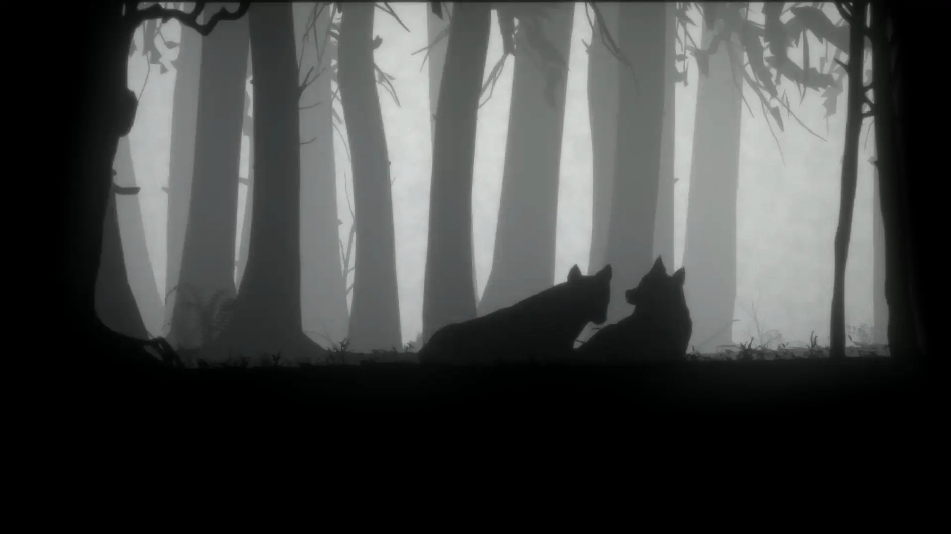 Zwei Wölfe ruhen sich im Schatten der Bäume aus.